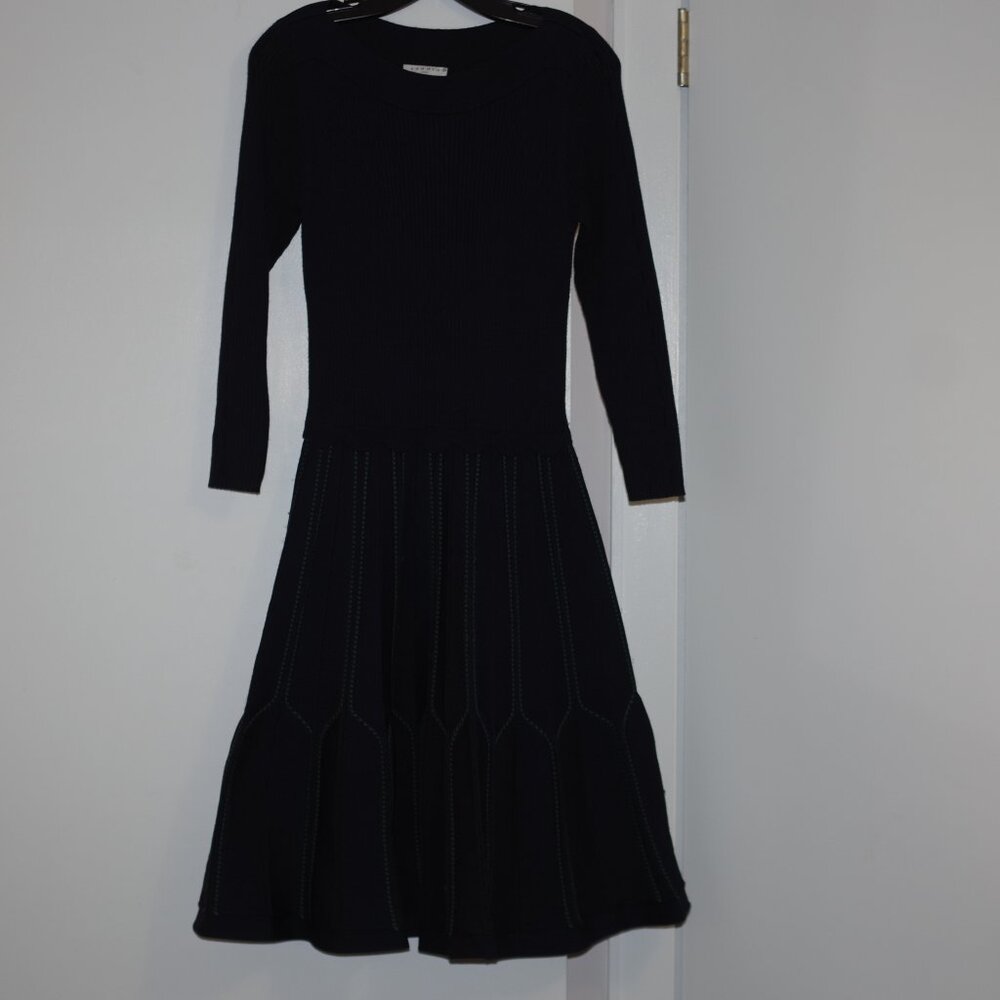 Sandro Paris Ribbed Knit Pleated Fit&Flare Pointell Dress Boatneck size 38 - Picture 6 of 10